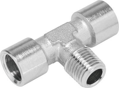 Raccord en T métallique avec des tailles de connexion différentes, utilisé pour relier trois sections de tuyau.