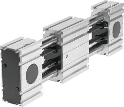Guidage de traîneau métallique avec deux cylindres parallèles et supports rectangulaires aux deux extrémités, composant technique.