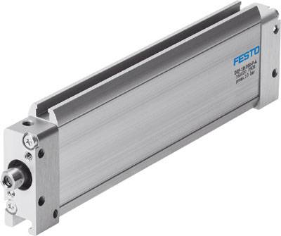 Vérin pneumatique en métal de Festo, marqué sur le côté, adapté pour une pression de 10 bars, avec une finition précise.