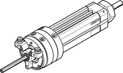Dessin technique d'un outil industriel cylindrique avec son axe et ses éléments de fixation, probablement un vérin hydraulique.