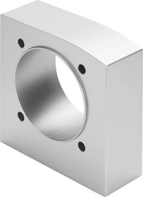 Bloc métallique avec un trou circulaire au centre, quatre trous de vis aux angles, pour des applications industrielles de fixation ou de support.