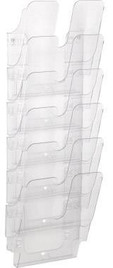 Un présentoir transparent à fixation murale avec plusieurs compartiments pour le rangement ou la présentation de brochures.