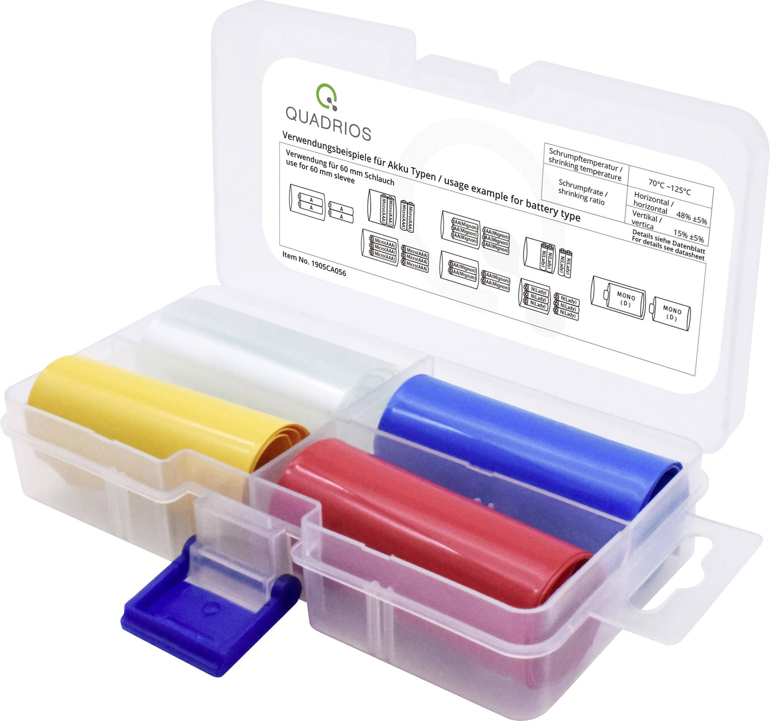 Quadrios 1905CA057 Gaine thermorétractable pour batteries sans colle transparent, bleu, jaune, rouge 36 mm 19 mm Taux de