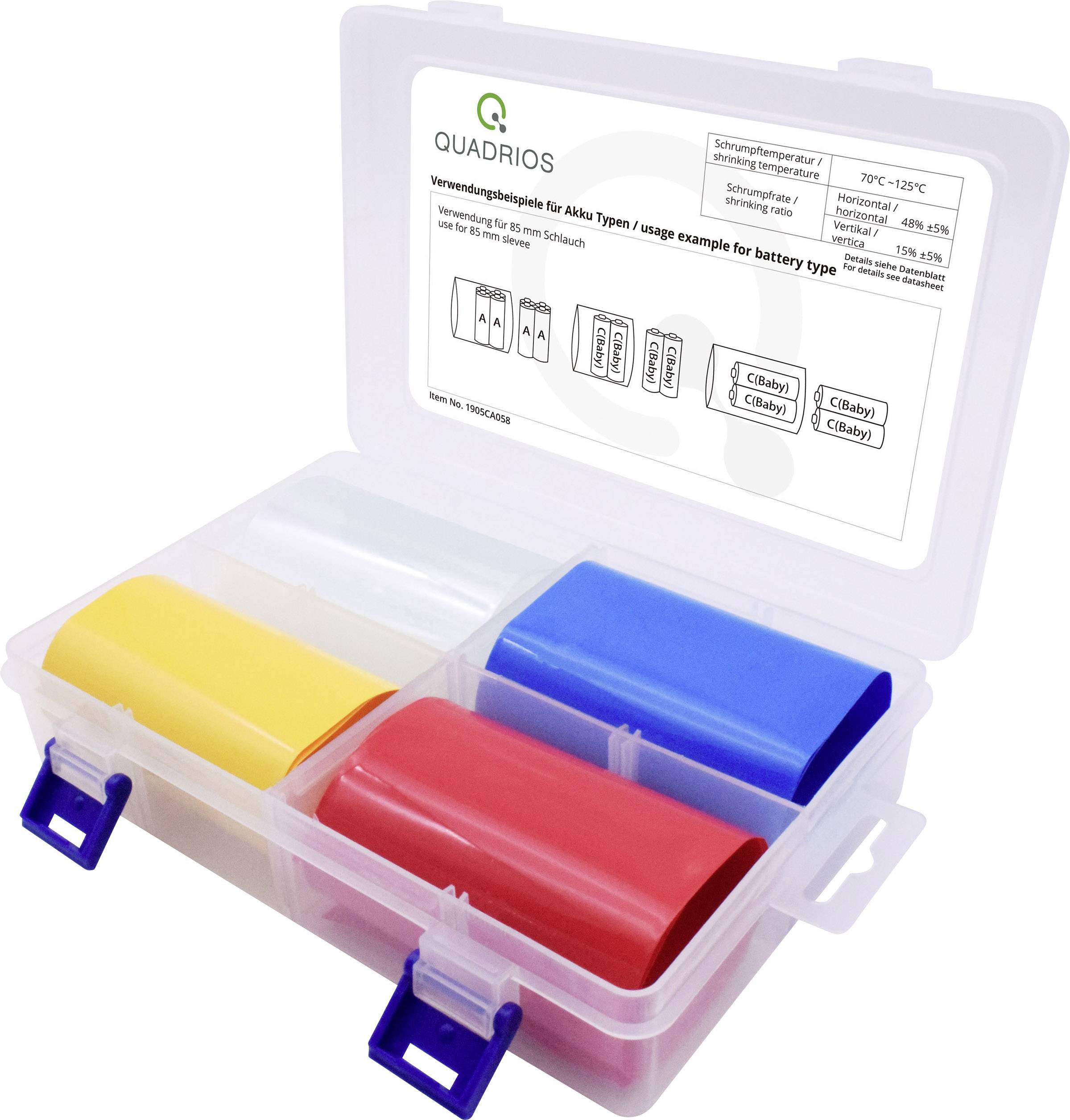 Quadrios 1905CA058 Gaine thermorétractable pour batteries sans colle transparent, bleu, jaune, rouge 54 mm 28 mm Taux de