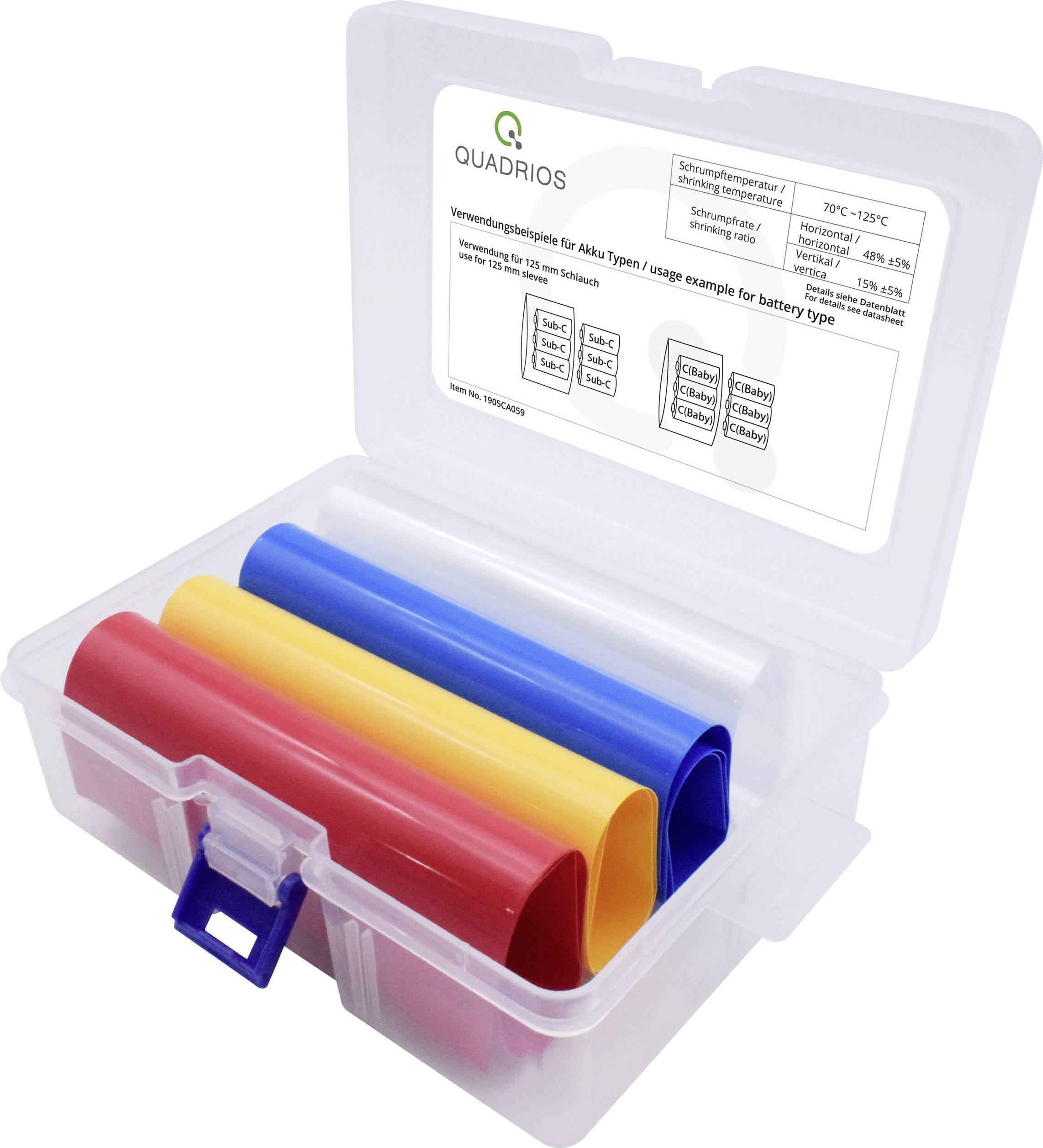 Boîte de gaines thermorétractables de différentes couleurs (rouge, bleu, jaune). L'étiquette indique les taux de rétraction et les températures pour différents types de batteries.