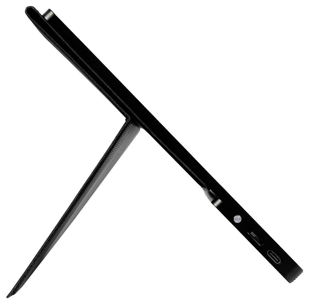 Un appareil hybride tablette-ordinateur portable fin et moderne vu de profil, montrant un support intégré, un port USB et des haut-parleurs.