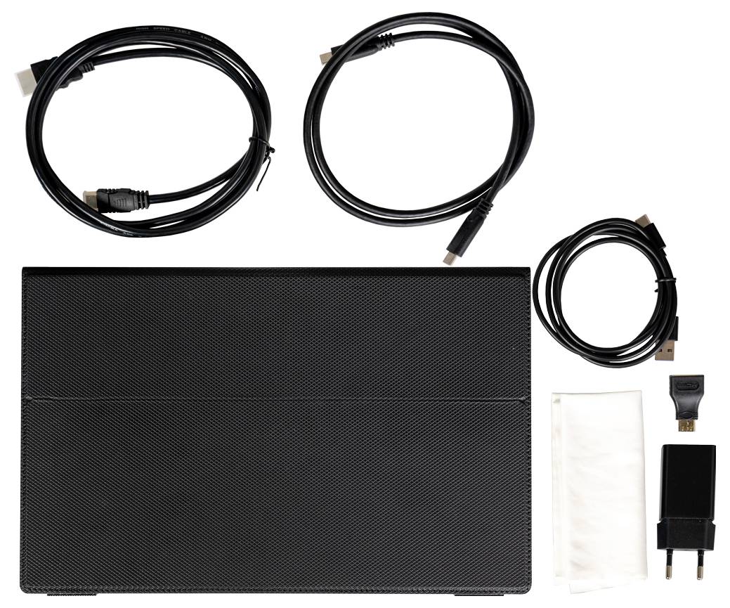 Une tablette noire avec étui de protection, deux câbles HDMI, un câble USB, un chargeur, un chiffon en microfibre et un adaptateur.