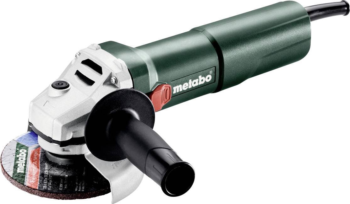 Meuleuse d'angle électrique avec boîtier vert et poignée noire, adaptée au meulage et à la coupe de différents matériaux.