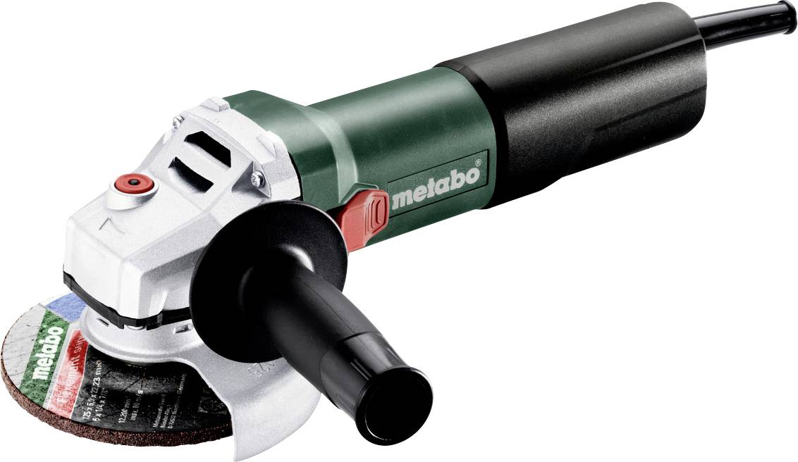 Meuleuse d'angle portable Metabo avec poignée latérale et disque de coupe sur fond blanc.