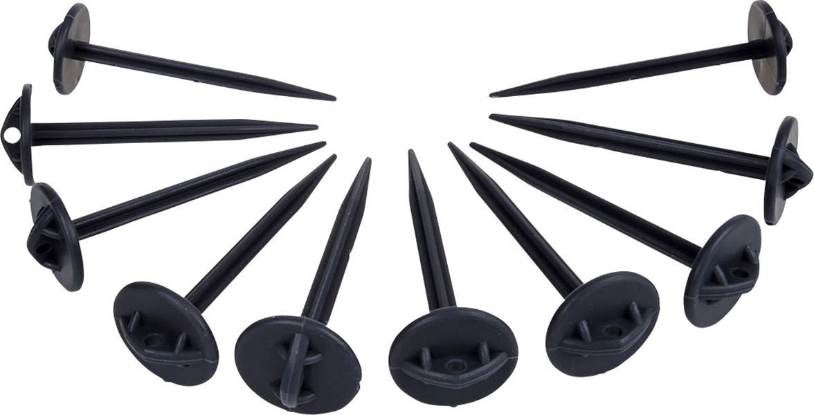 Piquets en plastique noir disposés en éventail ; utilisés pour fixer un géotextile anti-mauvaises herbes dans le jardin.