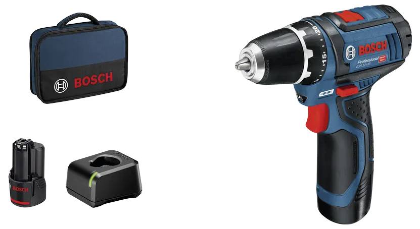Un perceuse sans fil avec un coffret, une batterie et un chargeur. La perceuse est bleue avec une poignée noire et rouge, et le coffret est de couleur sombre avec le logo « Bosch ».