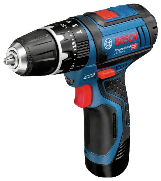 Une perceuse sans fil bleue et noire avec une gâchette rouge et la marque « Bosch » sur le côté, utilisée pour percer et visser des vis.