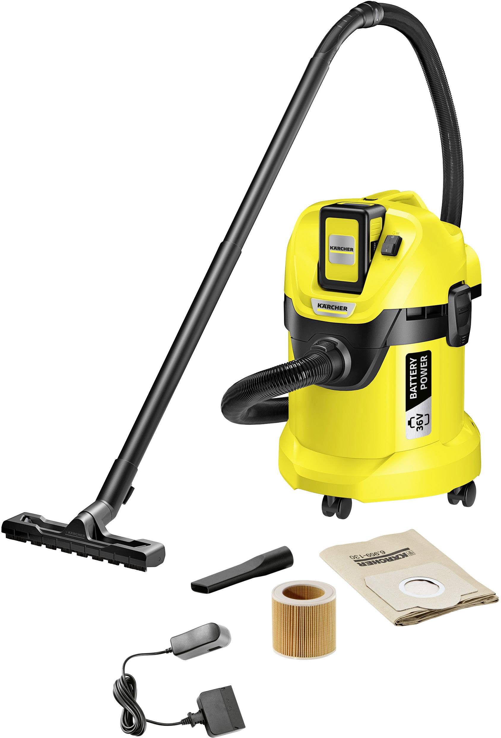 Aspirateur eau et poussière jaune avec tuyau noir et accessoires, comprenant un chargeur, un filtre et des sacs d'aspirateur. Adapté pour des travaux de nettoyage polyvalents.