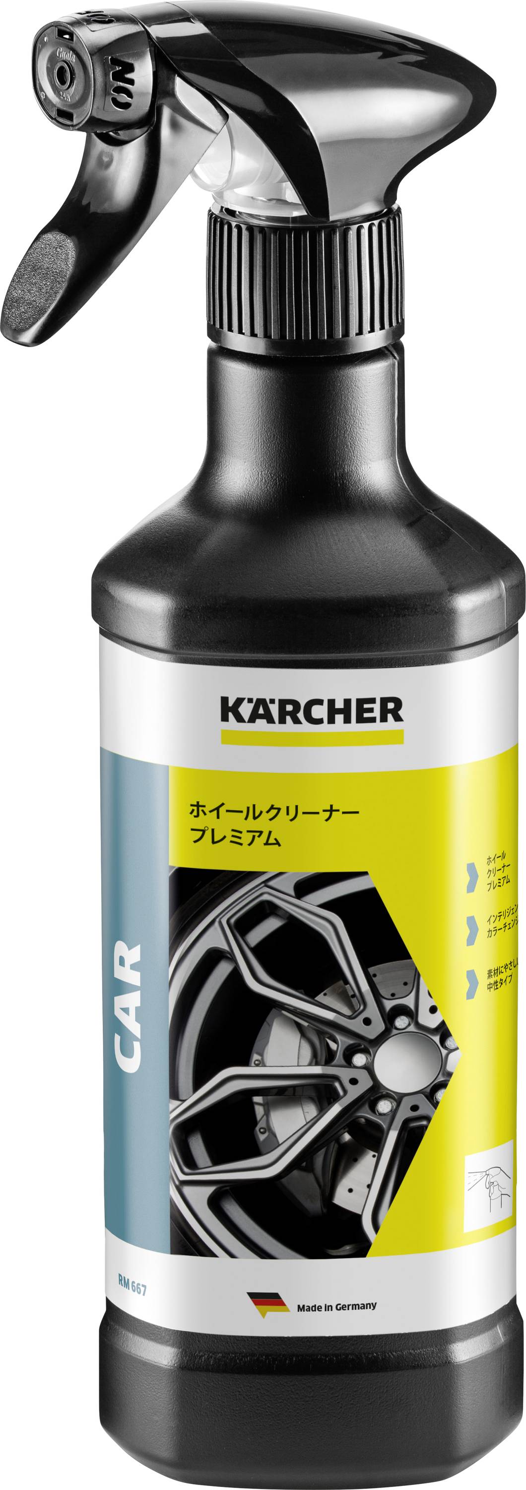 Un flacon pulvérisateur de 'Kärcher Nettoyant Jantes Premium'. L'étiquette présente une image de pneu de voiture. Contient un liquide bleu.