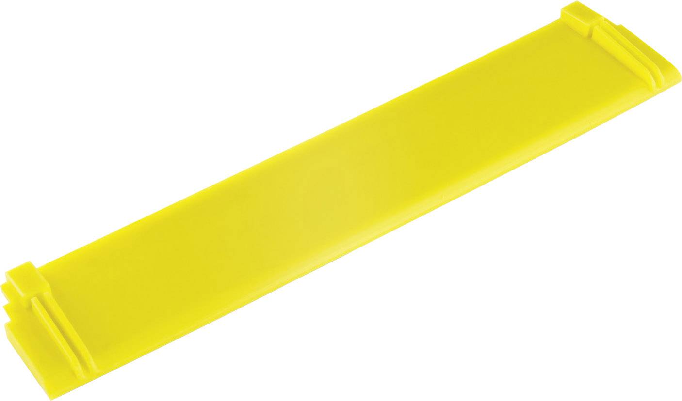 Objet rectangulaire en plastique jaune aux bords arrondis, souvent utilisé pour fermer des sachets ou des emballages.