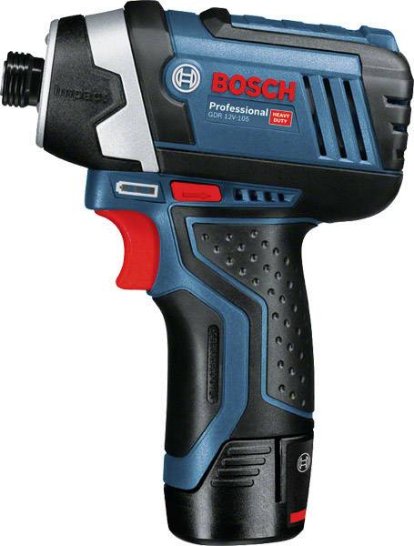 Visseuse sans fil Bosch Professional GDR 12V-105 en bleu et noir, avec élément de commande rouge, taille compacte, idéale pour les travaux de bricolage.