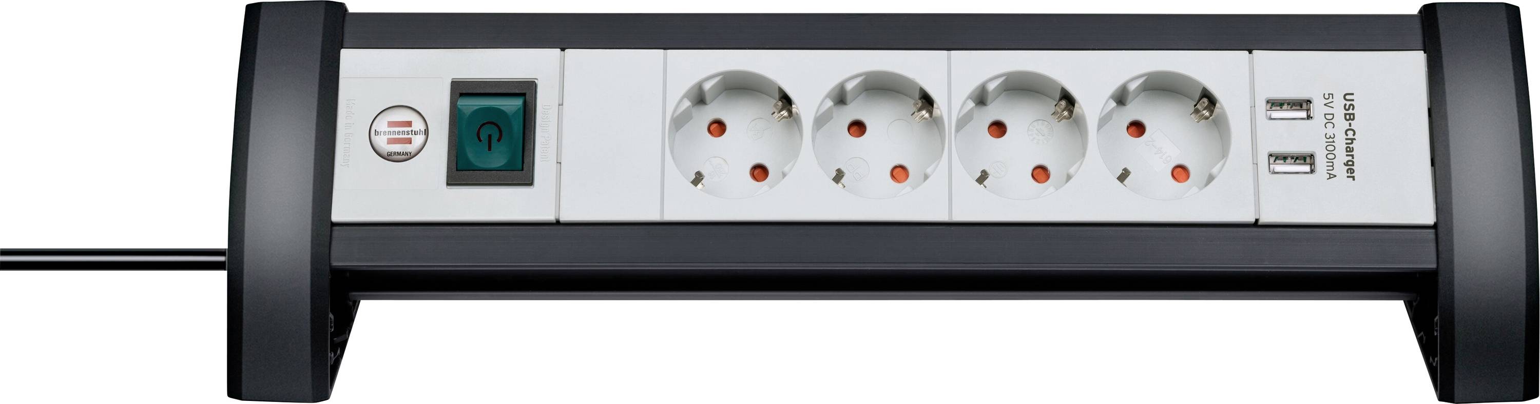 Bloc multiprise avec quatre prises européennes, interrupteur marche/arrêt et deux ports de charge USB.