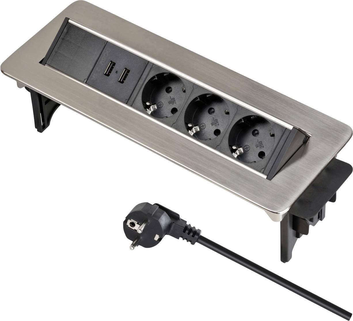 Bloc prises de courant en métal brossé rectangulaire avec trois prises et deux ports USB, présenté avec une fiche électrique et un cordon.
