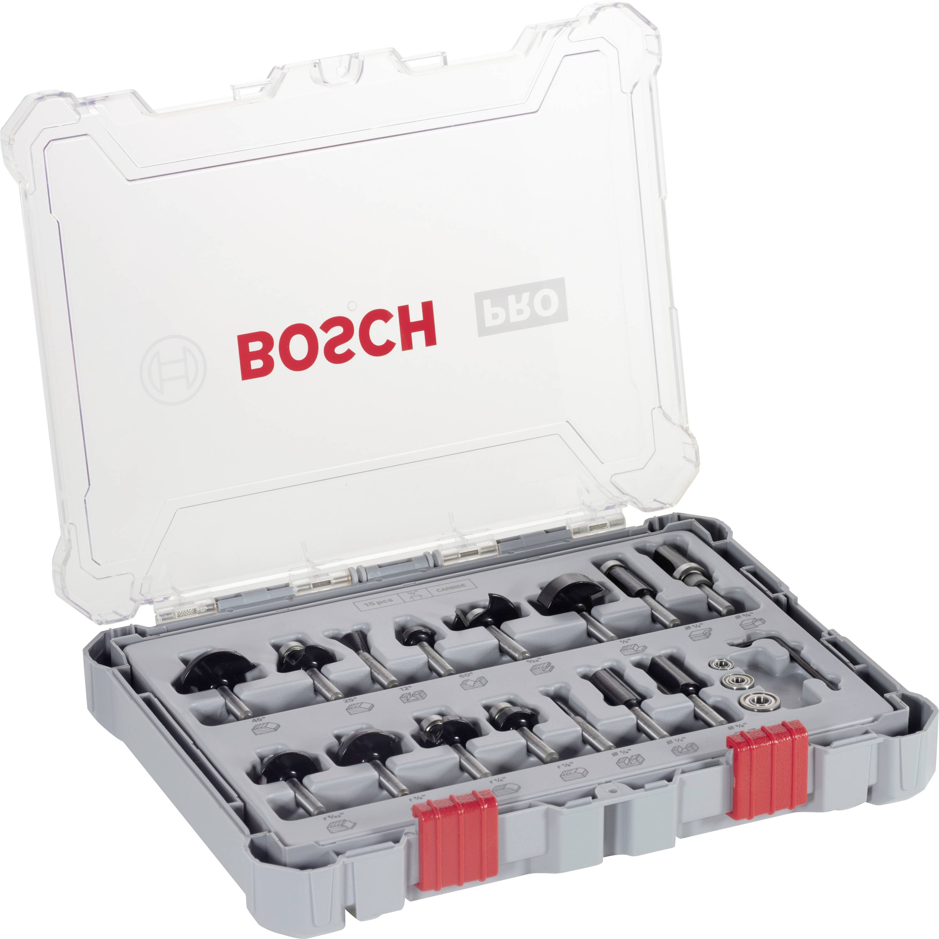 SET de fraises, tige de 1/4 pouce, 15 pièces Bosch Accessories 2607017473