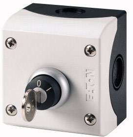 Un interrupteur gris argenté avec une clé sur le devant, entouré d'un boîtier blanc. L'interrupteur est sur la position '0'.