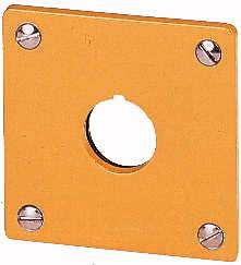 Une plaque orange avec quatre vis dans les coins et un trou central circulaire.