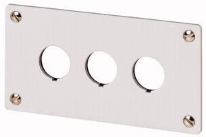 Une plaque de couverture rectangulaire avec trois ouvertures rondes et quatre vis situées aux coins, probablement destinée à des interrupteurs ou des prises de courant.