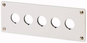 Plaque métallique avec cinq trous ronds, répartis uniformément, fixée avec quatre vis aux coins pour des applications industrielles.