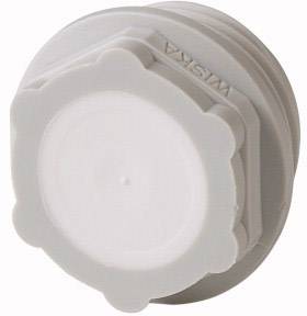 Un bouchon rond gris portant l'inscription « Wiska » sur sa surface supérieure. Utilisé pour obturer des ouvertures ou des tuyaux.