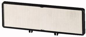 Objet beige allongé et rectangulaire avec un cadre noir, probablement un filtre ou un couvercle, sur un fond blanc.