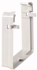 Un support en plastique de forme rectangulaire avec un crochet, probablement utilisé pour la fixation ou l'accrochage d'un objet sur un mur.