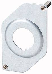 Une pièce métallique argentée et plate, comportant une ouverture circulaire au centre, probablement un composant ou un support.