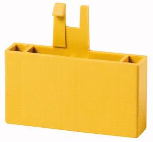 Un morceau de plastique jaune avec des crochets et des compartiments, probablement un récipient ou un support, sur un fond blanc.