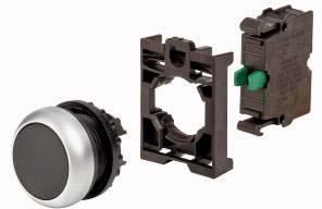 Un interrupteur rond, un cadre de montage et un module de composants électriques. Ces pièces forment ensemble un interrupteur fonctionnel.