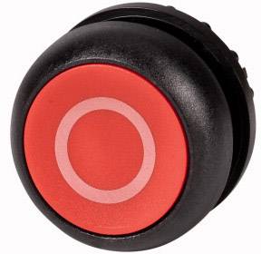 Bouton rond rouge avec un cercle plus clair au centre. Le bouton semble être encastré dans un support noir.