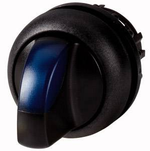 Un bouton rond noir avec un levier bleu qui peut être utilisé pour régler des appareils.