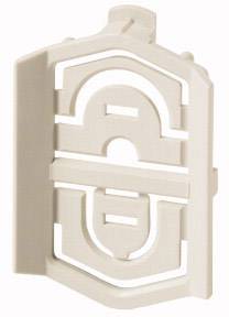 Un composant blanc, de nature plastique, avec un design géométrique composé de cercles et de lignes ; composante technique.
