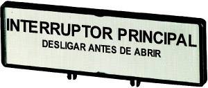 Un panneau portant l'inscription 'INTERRUPTEUR PRINCIPAL - ÉTEINDRE AVANT D'OUVRIR', ce qui signifie que l'interrupteur principal doit être éteint avant d'être ouvert.