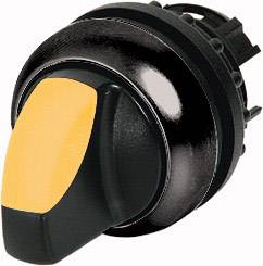 Commutateur rotatif noir et jaune vu de côté, orienté vers la gauche. Utilisé pour allumer, éteindre ou changer de fonction.