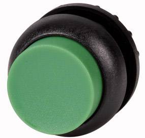 Bouton-poussoir rond vert avec base noire, souvent utilisé pour commander des machines ou des appareils.