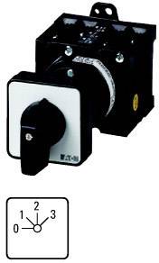 Commutateur rotatif à quatre positions (0-3) avec un levier noir. Le diagramme montre l'angle de rotation des étapes dans un champ carré.