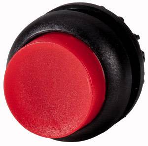 Bouton-poussoir rouge, rond, avec un contour noir, fréquemment utilisé pour l'arrêt d'urgence ou la signalisation dans des équipements techniques.