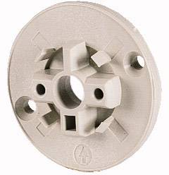 Roue en plastique avec quatre structures saillantes et des trous. Centre cylindrique, probablement partie d'un système de fixation.