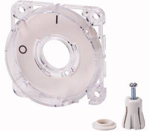Interrupteur transparent en plastique avec marquages 'I' et 'O', bouton rotatif beige, vis et joint, probablement une pièce de rechange.
