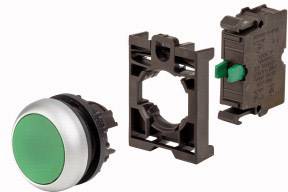 Un ensemble d'interrupteur vert en trois parties : bouton, support et élément de commutation. Adapté pour la commande de machines ou les panneaux de contrôle.