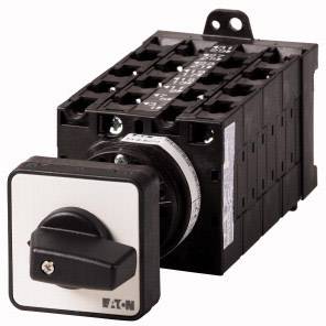Un interrupteur électrique noir avec bouton rotatif et plusieurs connexions. Le logo du fabricant 'Eaton' est visible. Adapté pour le contrôle de machines.