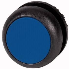 Un bouton rond bleu dans un boîtier noir, probablement un bouton-poussoir pour des appareils électroniques ou des applications industrielles.