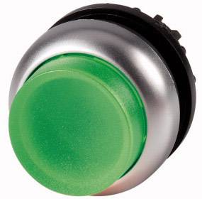 Un grand bouton rond vert avec un bord argenté, prêt à être appuyé.