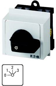 Un interrupteur rotatif blanc avec un bouton noir. L'interrupteur est encastré dans un boîtier carré. En bas à gauche est représenté un diagramme de positions allant de 0 à 3.