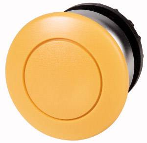 Bouton d'arrêt d'urgence rond de couleur orange sur fond blanc.
