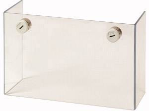 Boîte transparente rectangulaire avec deux vis de fermeture aux coins supérieurs.